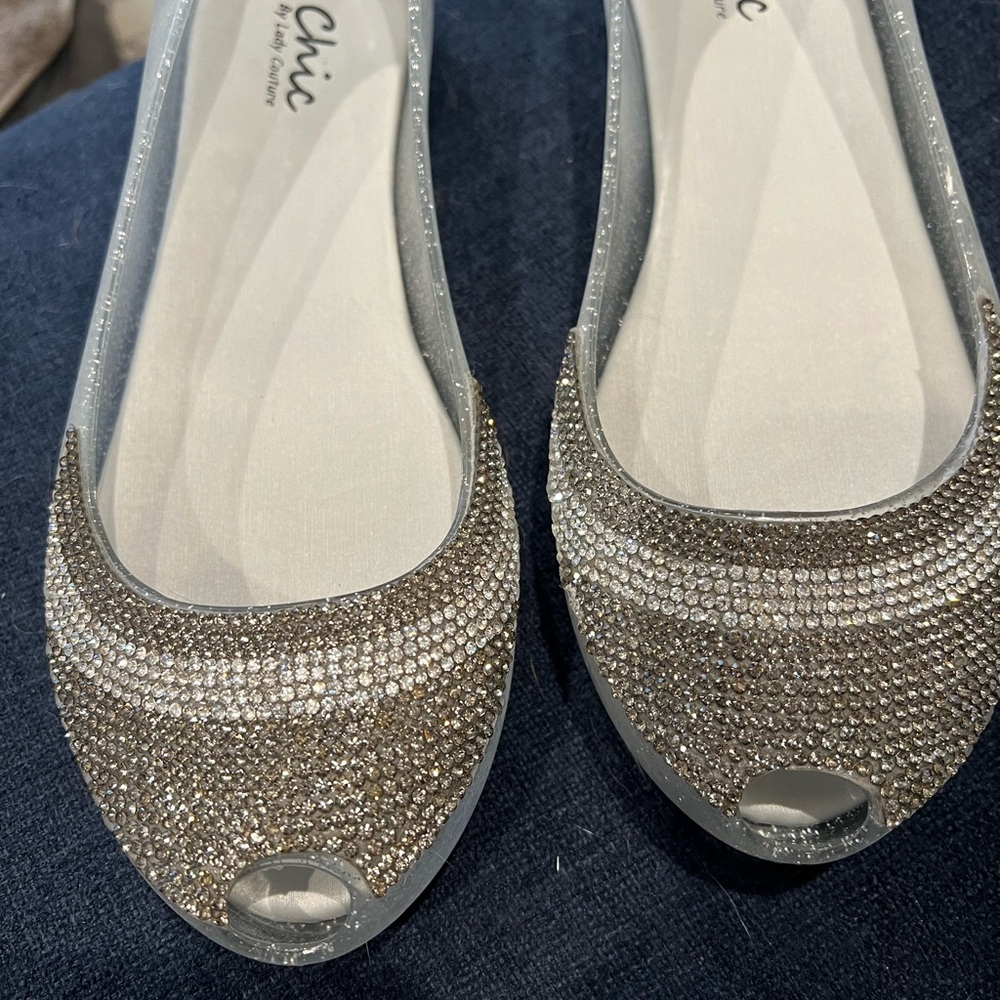 Chic Women's Sparkling Peep-Toe Flats - Gold and Silver size 39/US 8